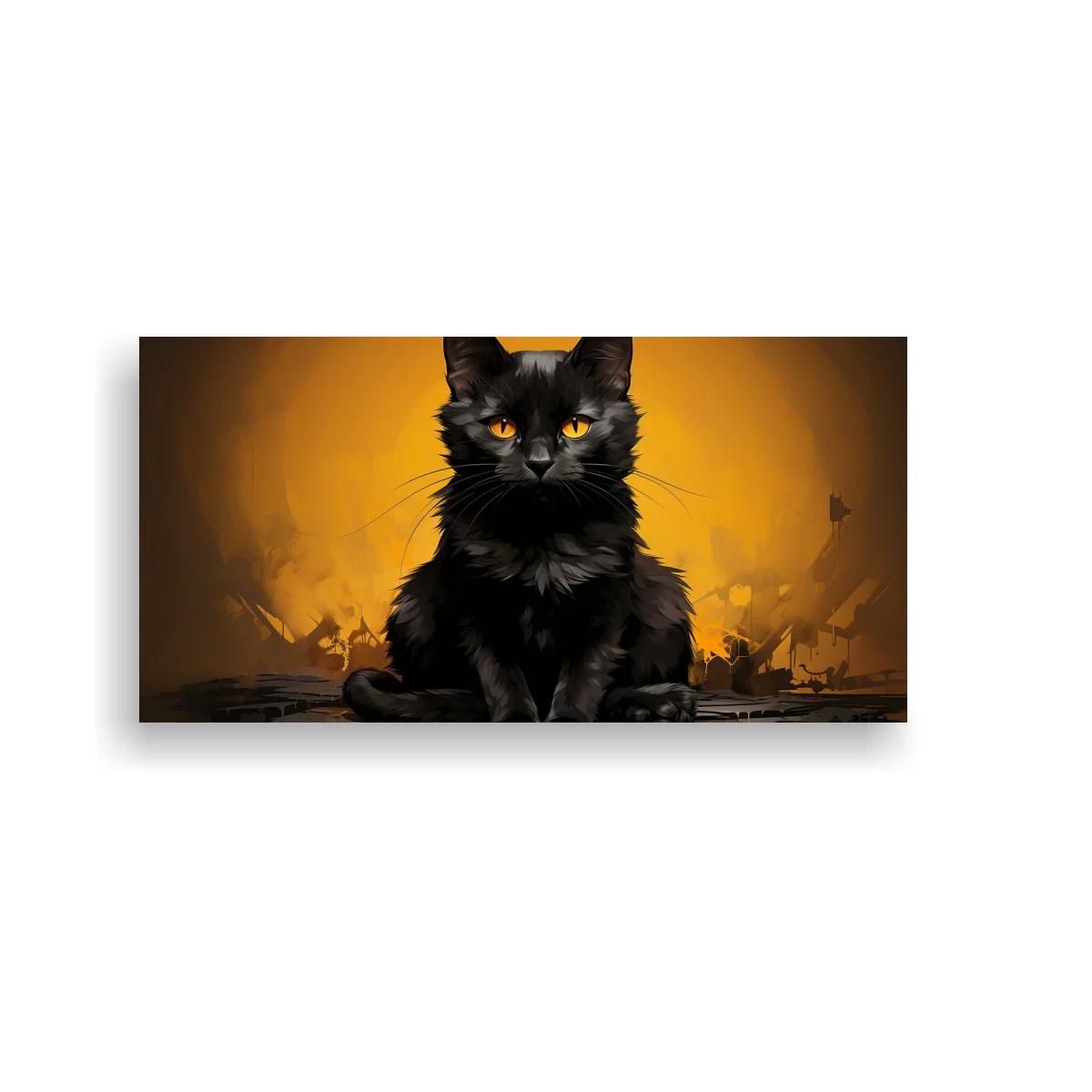 Cuadro gato negro de ojos amarillos entre escombros y fuego