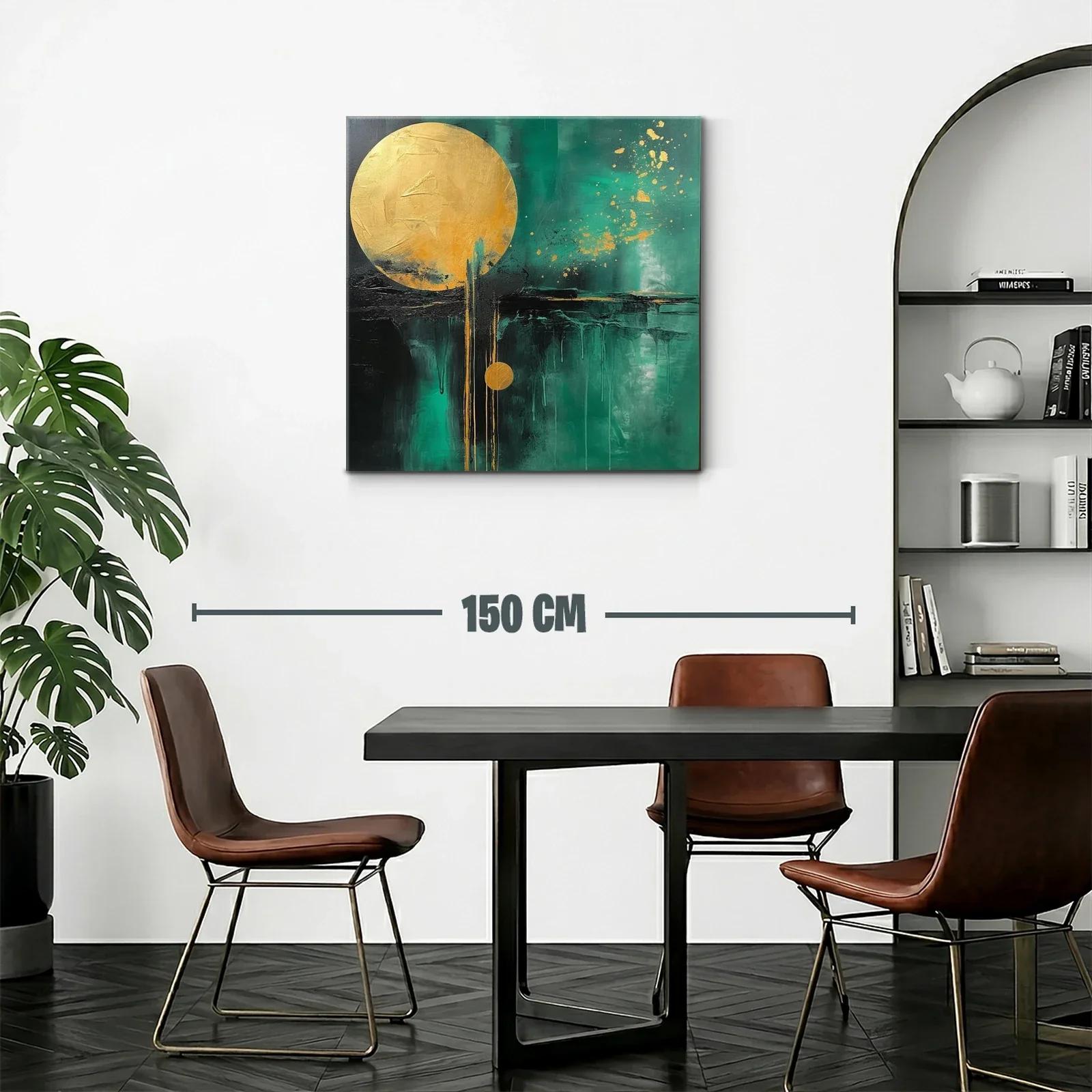 Cuadro abstracto con círculos dorados y fondo verde intenso — miniatura 2