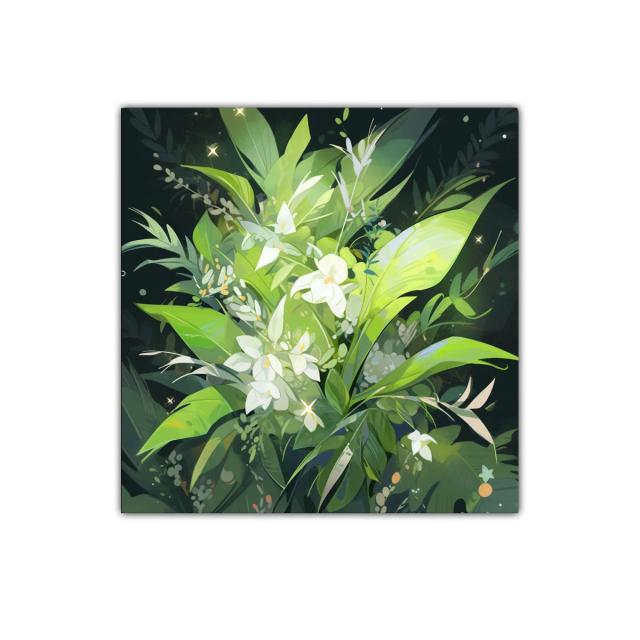 Cuadro decorativo con ramo de flores blancas y hojas verdes