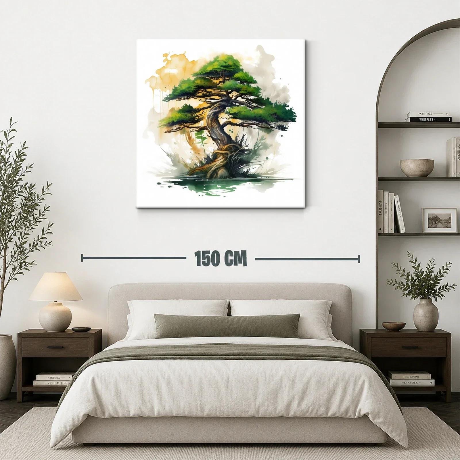 Árbol bonsái con tonos verdes y dorados en acuarela moderna — miniatura 3