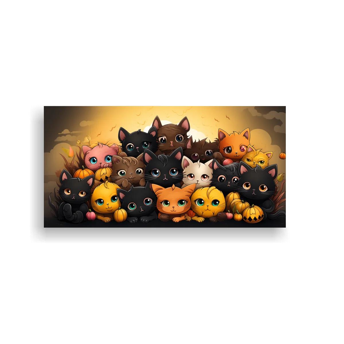 Cuadro de gatitos con murciélagos y calabazas de Halloween