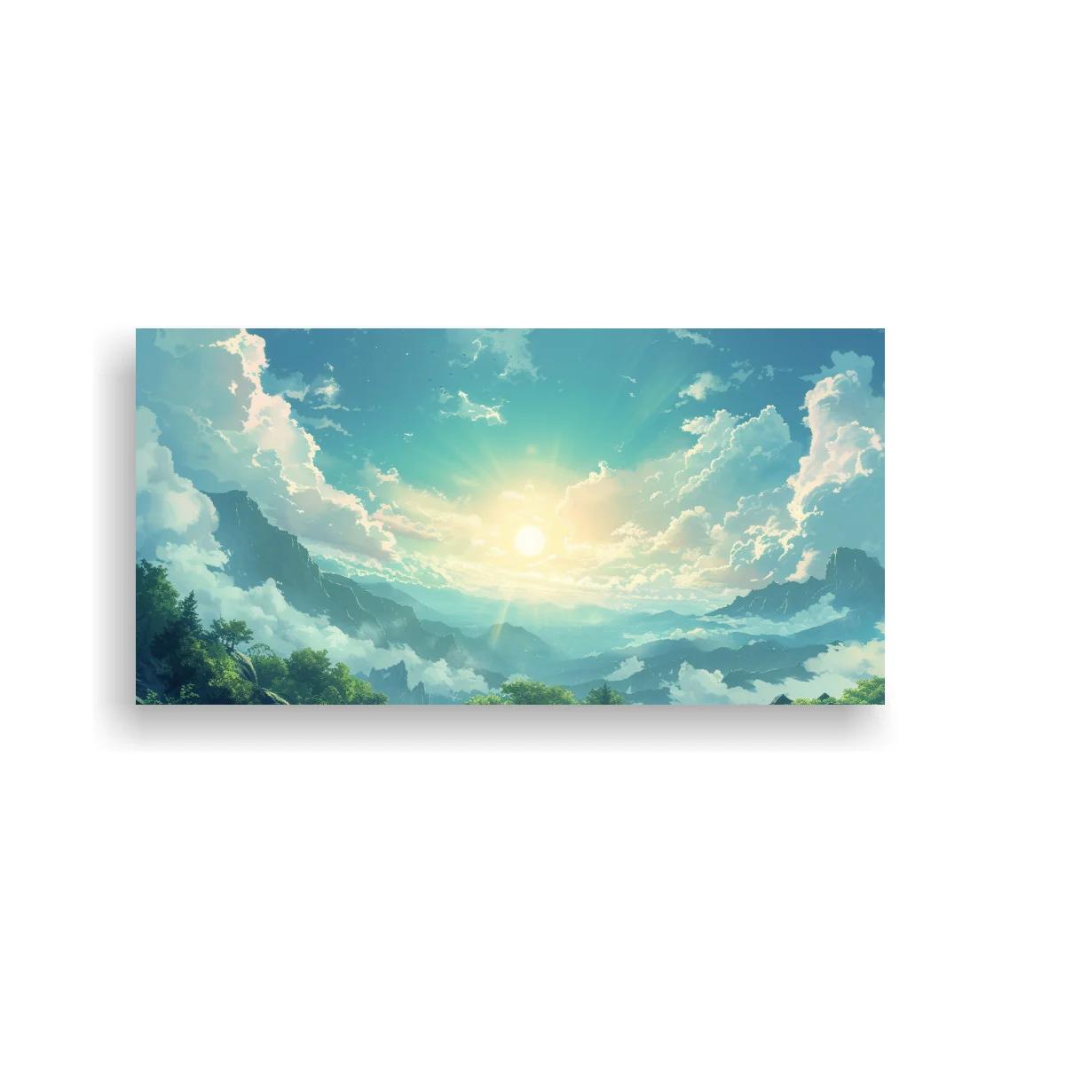 Cuadro cielo con sol entre nubes y montañas en profundidad