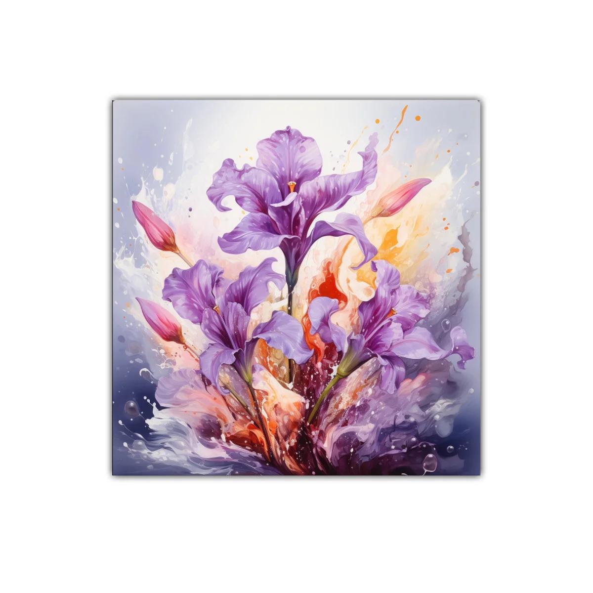 Cuadro decorativo con iris morados y fondo vibrante — imagen principal