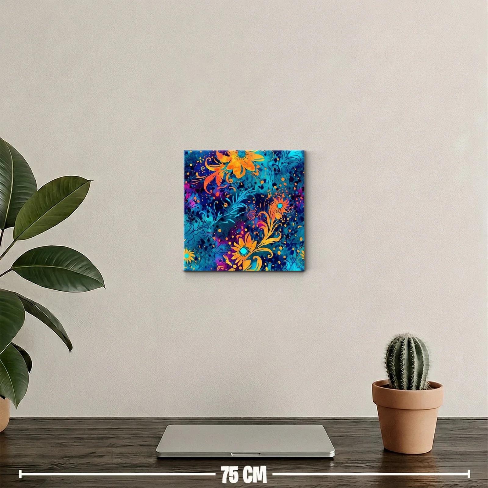 Cuadro decorativo con flores vibrantes y fondo azul intenso — miniatura 2