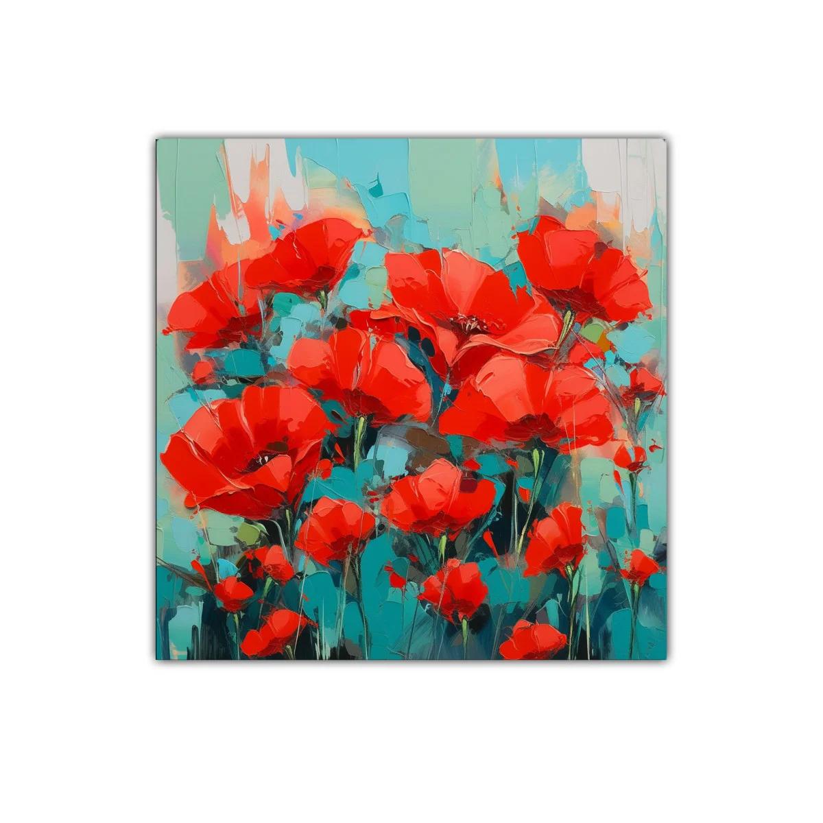 Cuadro decorativo con vibrantes amapolas rojas sobre fondo azul — imagen principal