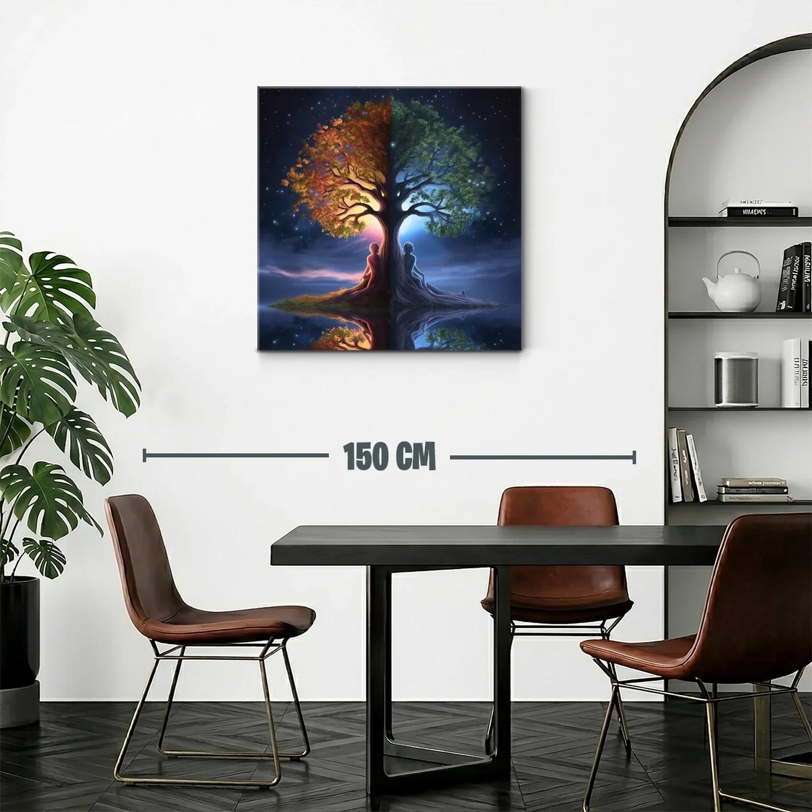 Cuadro árbol dual con figuras humanas y contraste día noche — miniatura 2