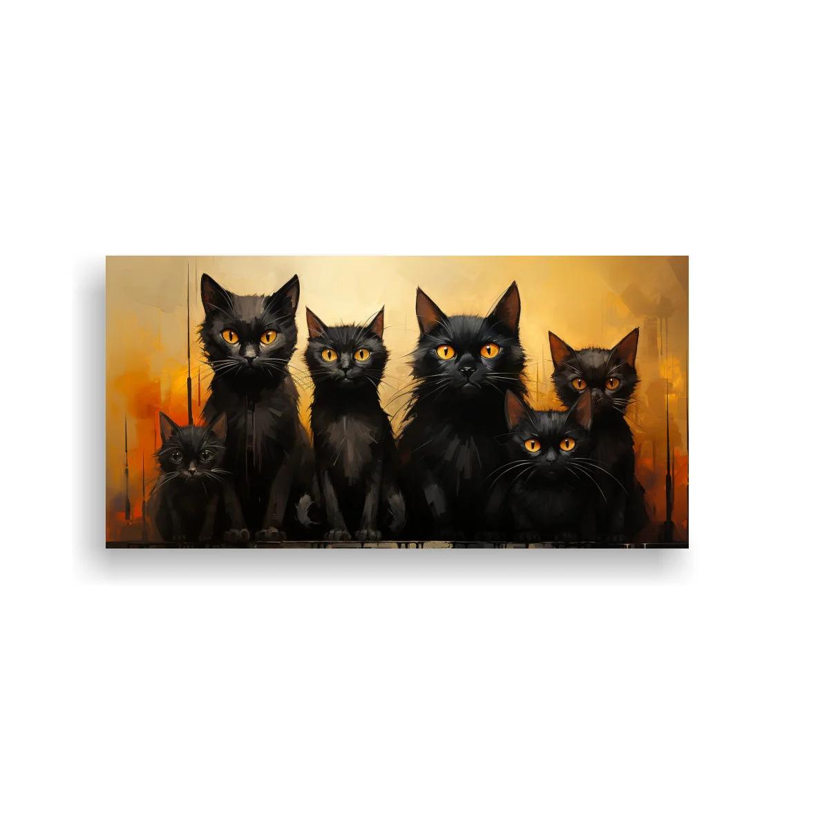 Cuadro cinco gatos negros con ojos dorados