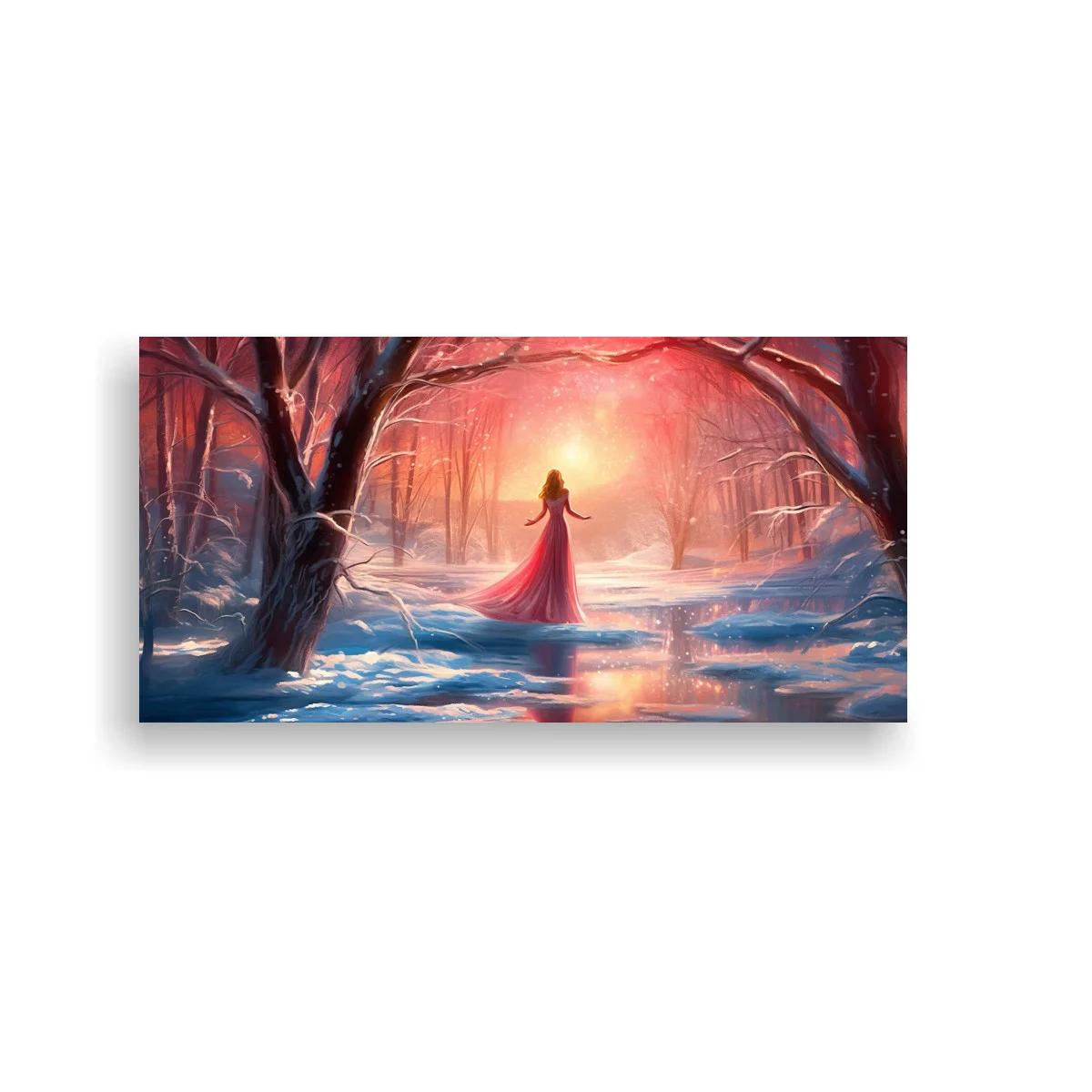 Cuadro mujer con vestido rojo en bosque nevado — imagen principal