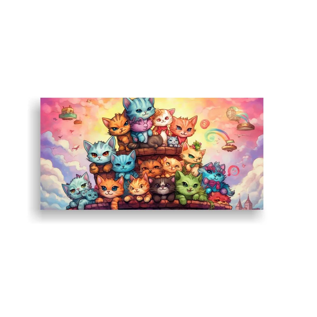 Cuadro grupo de gatos de colores con platillos voladores