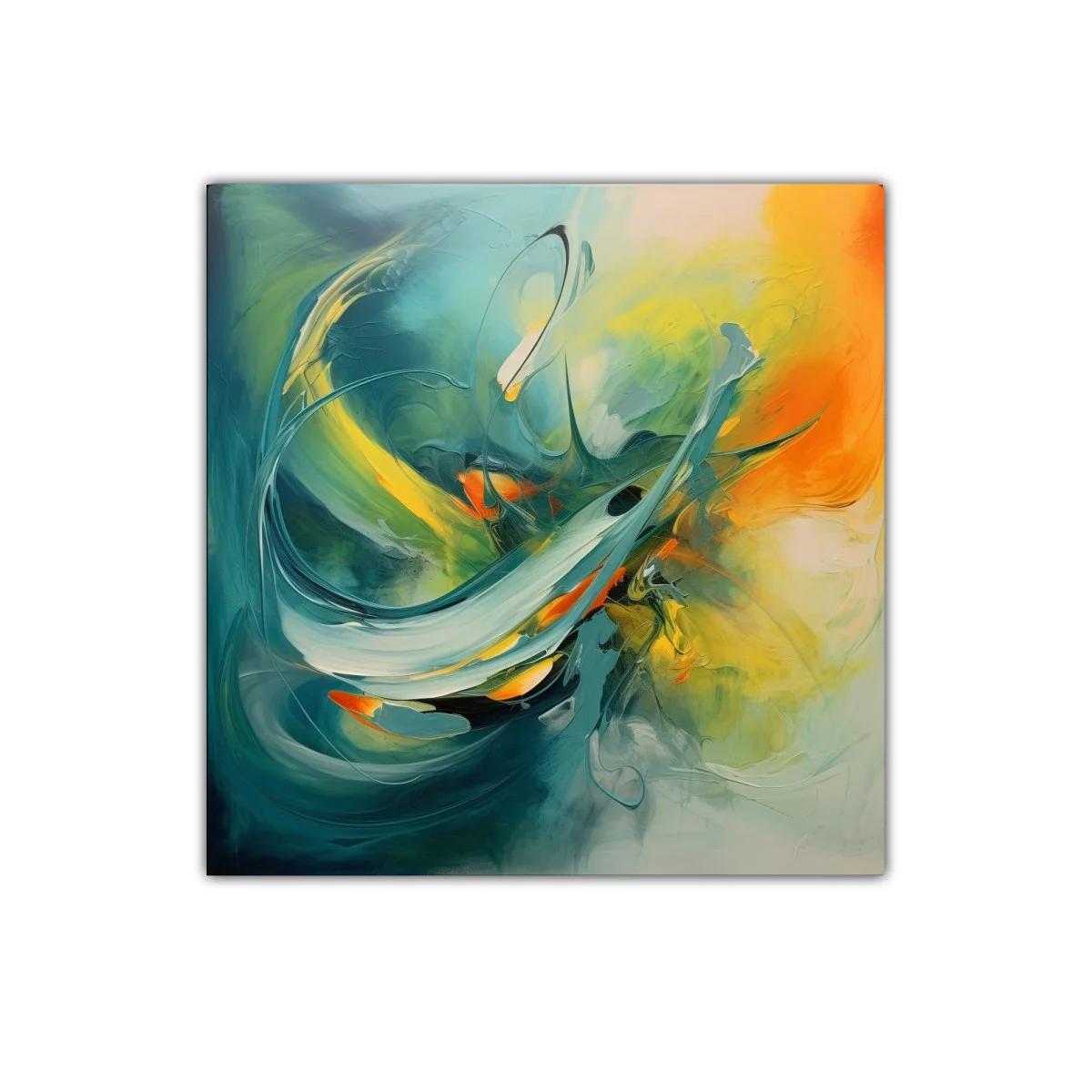 Cuadro abstracto con dinamismo en tonos verdes y naranjas — imagen principal