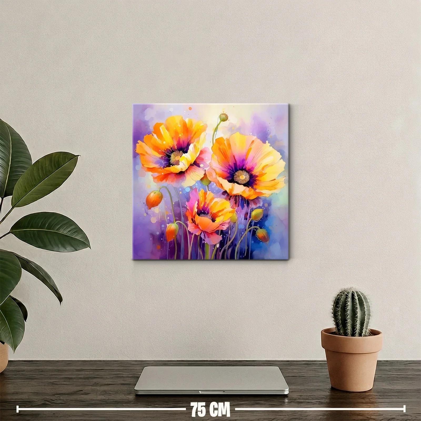 Cuadro vibrante con amapolas en tonos cálidos y fondo liláceo — miniatura 2