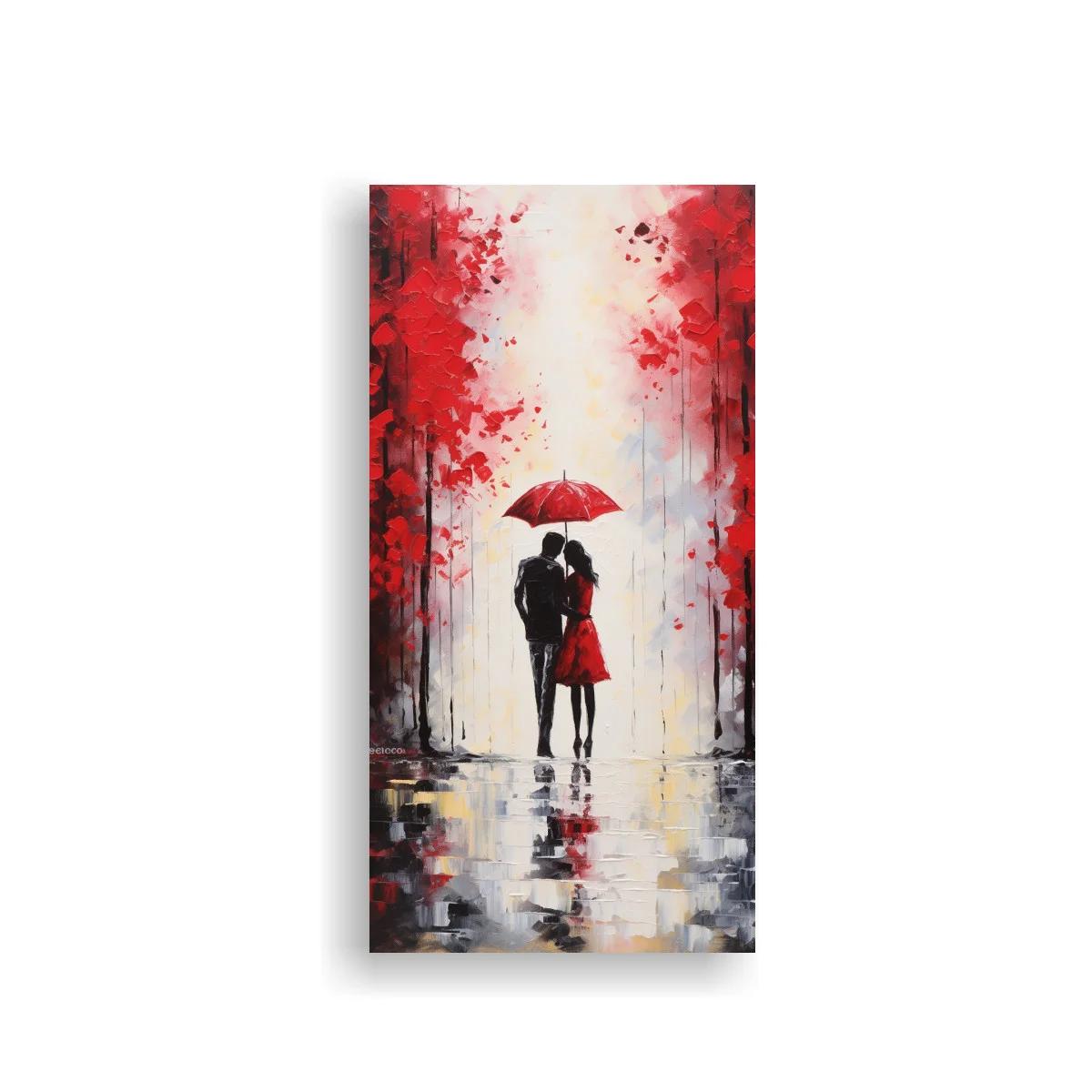 Cuadro pareja bajo paraguas rojo con reflejos en el suelo — imagen principal