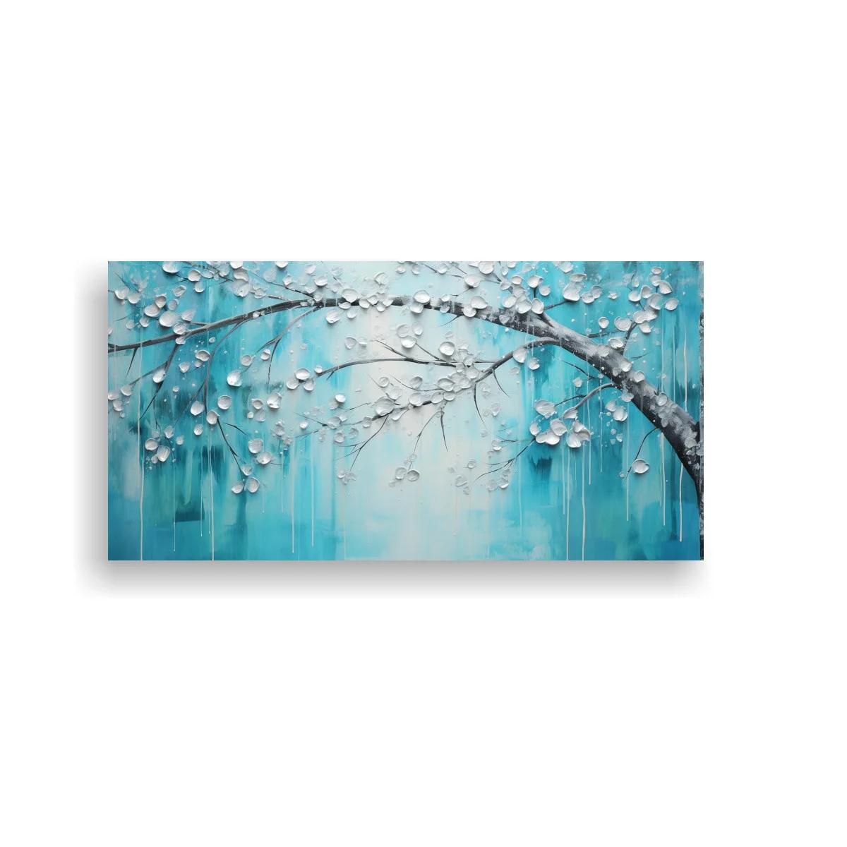 Cuadro rama de árbol con flores blancas y fondo turquesa
