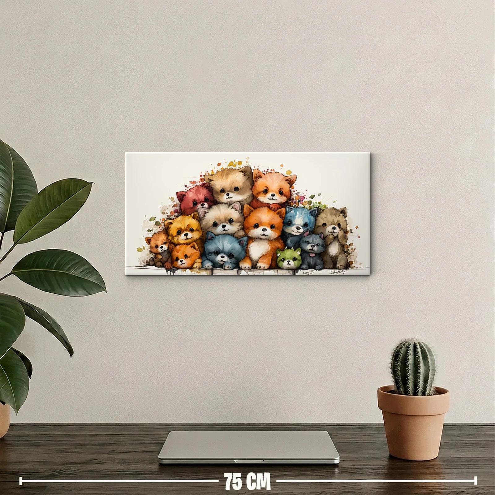 Cuadro grupo de cachorros y gatitos kawaii con gatito azul grisáceo — miniatura 2