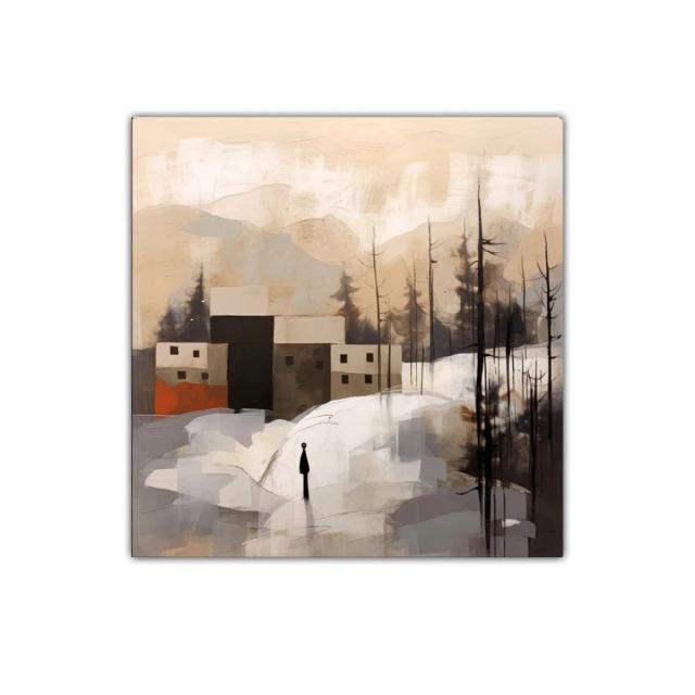 Paisaje minimalista de casas y bosque en tonos cálidos