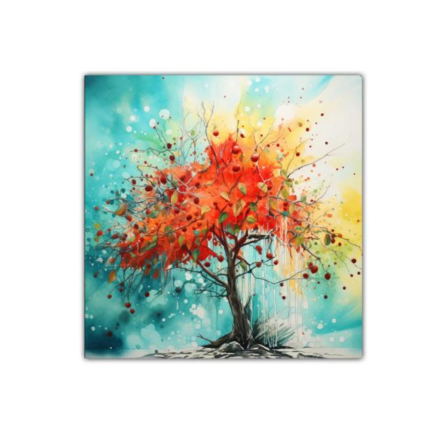 Árbol vibrante con hojas rojas en fondo azul y amarillo