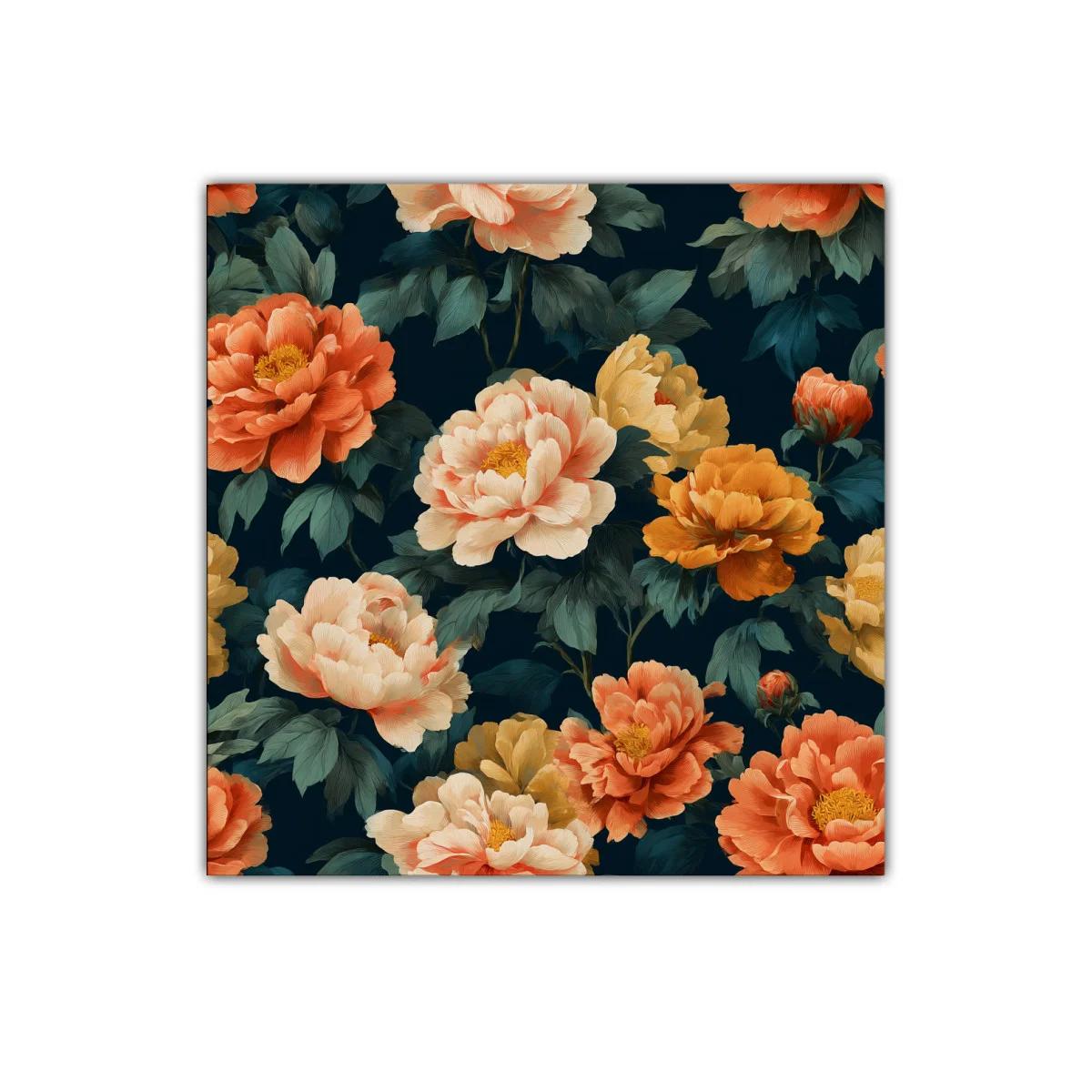 Cuadro floral con peonías en tonos cálidos y fondo oscuro — imagen principal