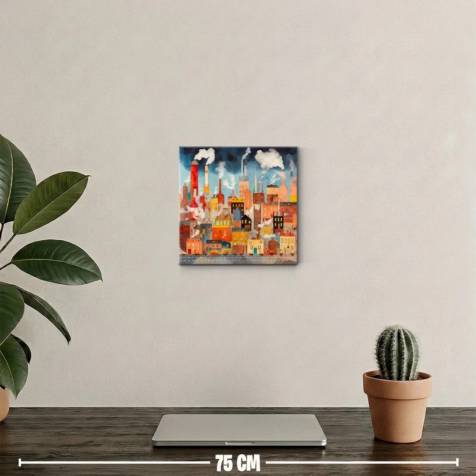 Ciudad industrial con chimeneas y humo en tonos cálidos — miniatura 2