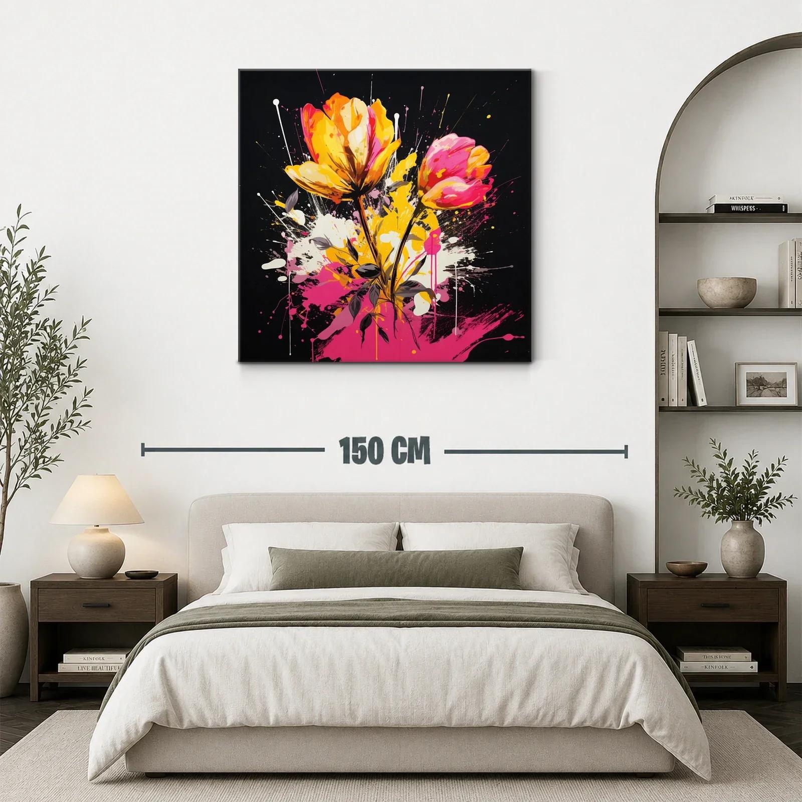 Cuadro floral vibrante con tonos rosas y amarillos intensos — miniatura 3
