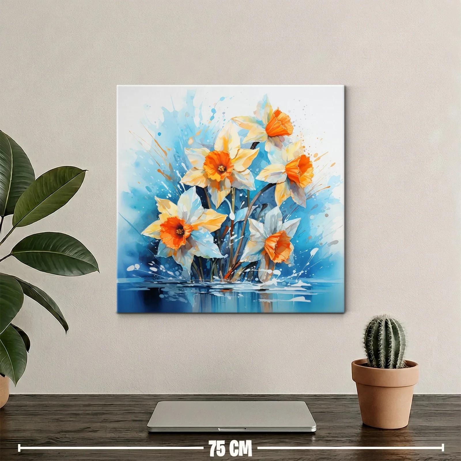 Cuadro floral vibrante con narcisos anaranjados y fondo azul — miniatura 2