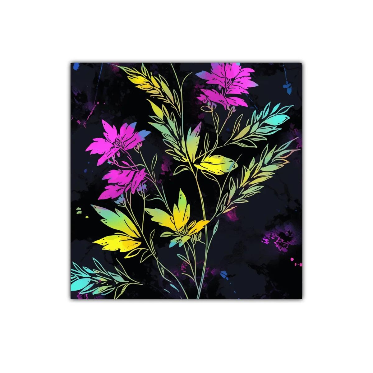 Cuadro floral con hojas y flores en tonos neón