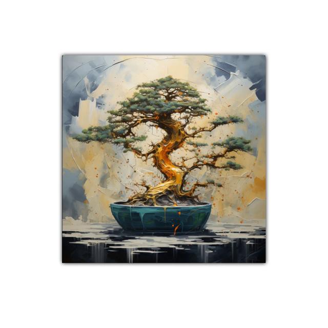 Árbol bonsái en tonos dorados y verdes vibrantes