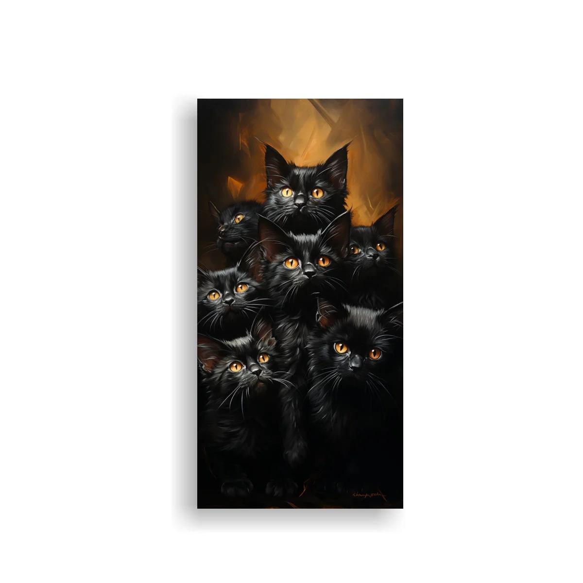 Cuadro grupo de gatos negros de ojos ámbar