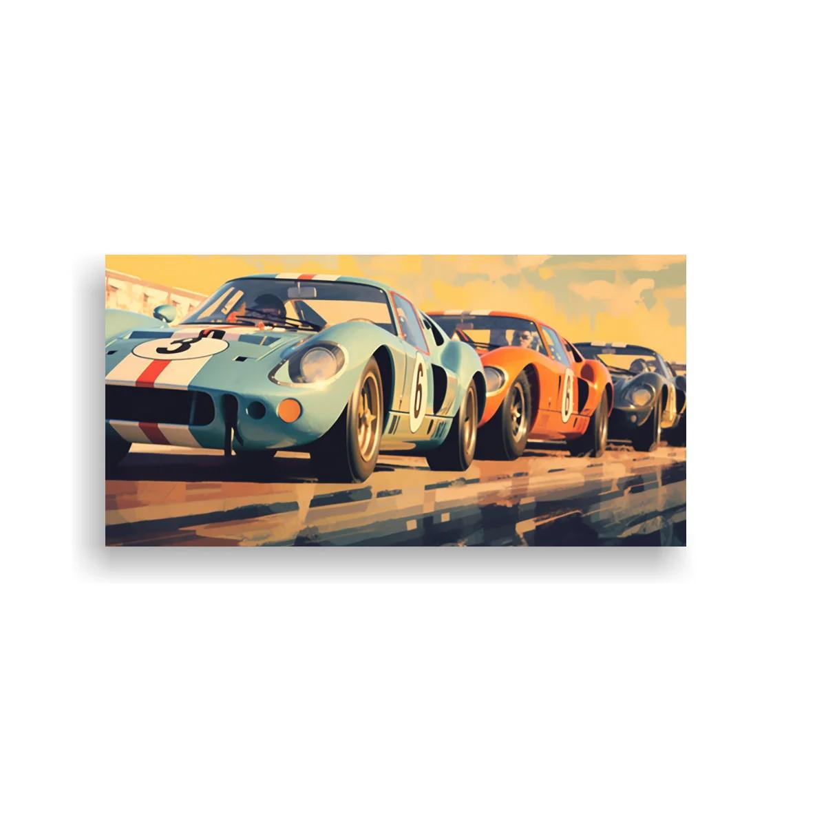 Cuadro coches de carreras clásicos en fila panorámica — imagen principal