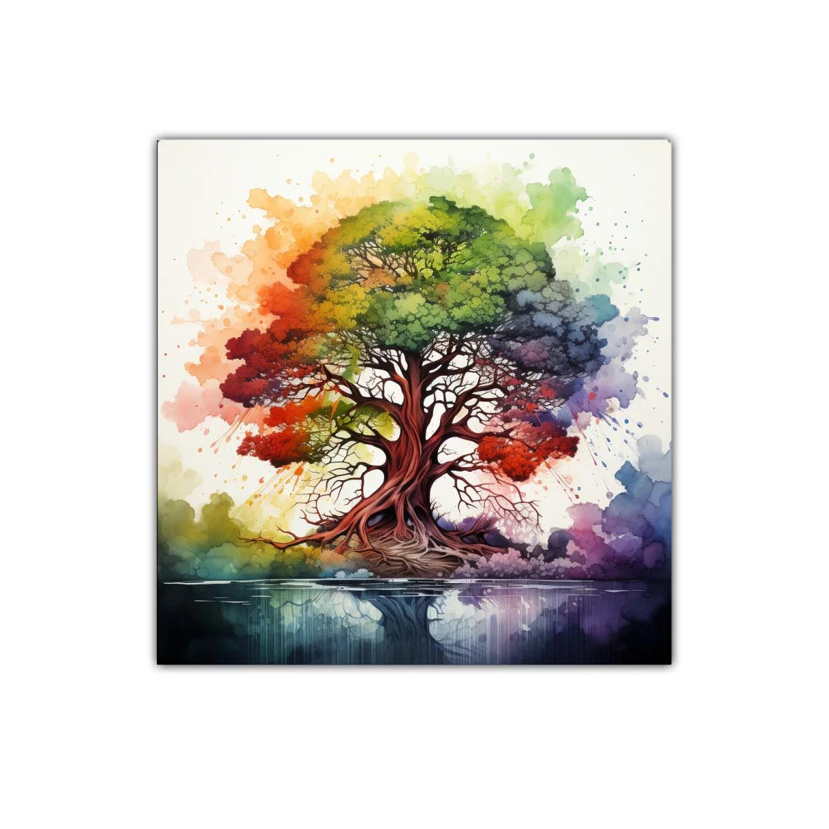 Árbol multicolor con reflejo en agua para ambiente vibrante