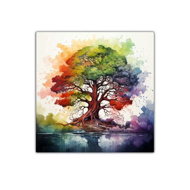 Árbol multicolor con reflejo en agua para ambiente vibrante