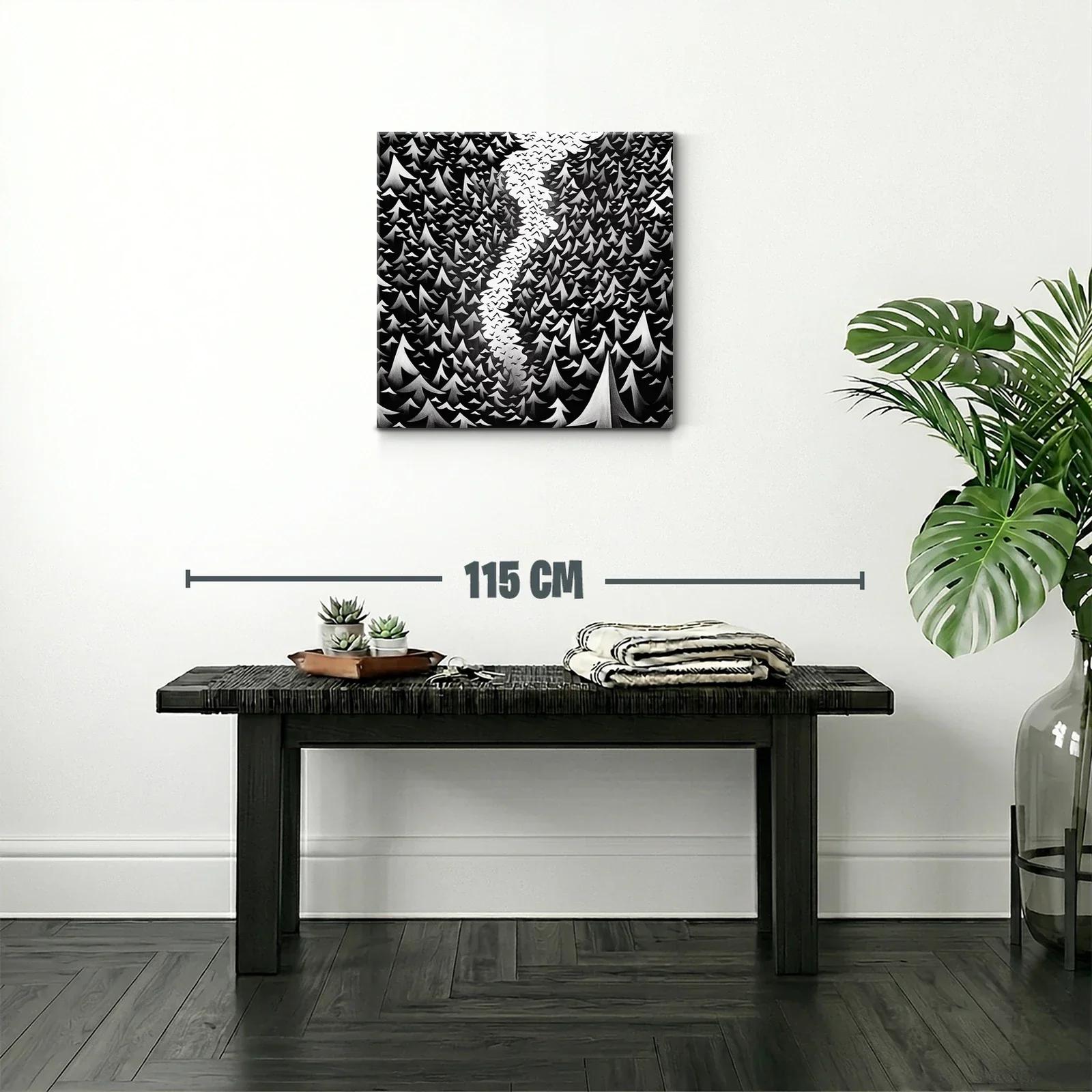 Bosque en blanco y negro con cielo lleno de aves — miniatura 2