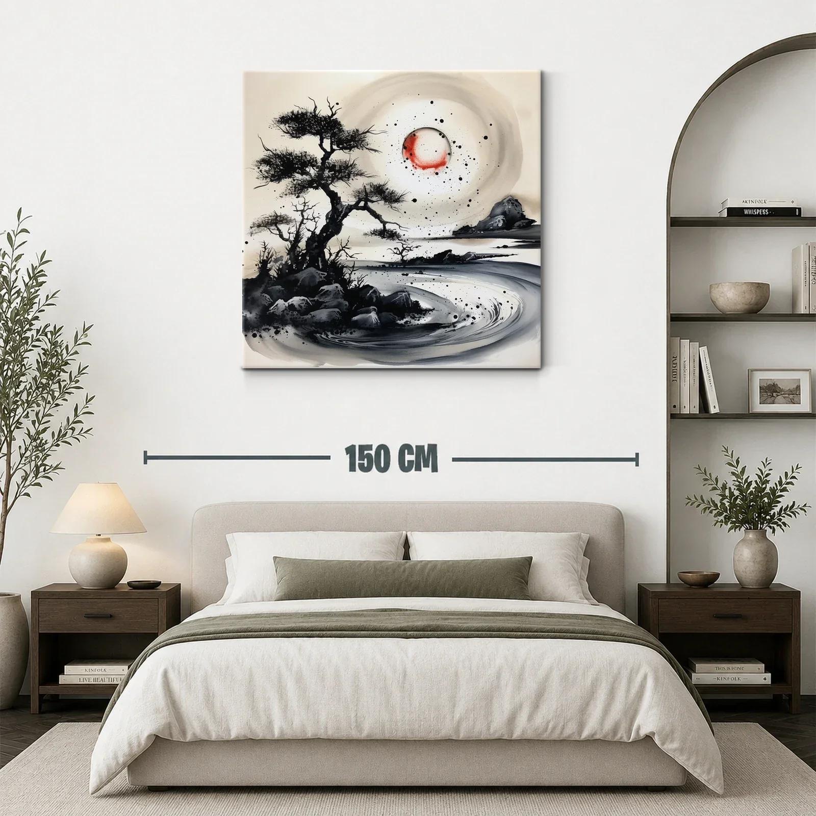 Paisaje onírico con árboles y luna roja en tinta china — miniatura 3