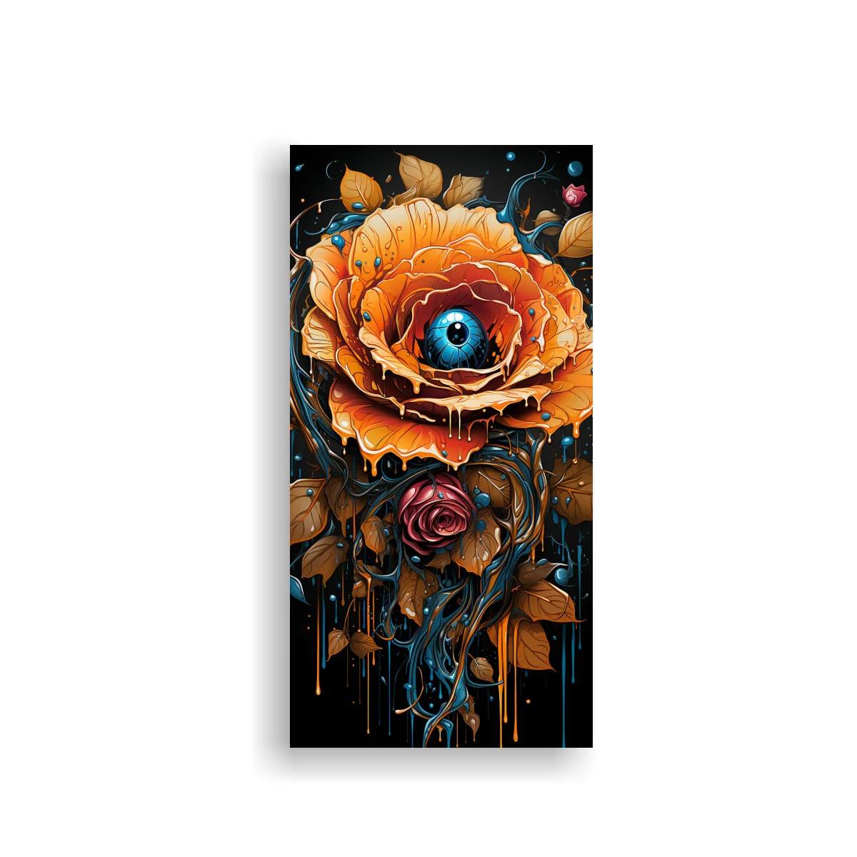 Cuadro flor con ojo azul y goteos turquesa