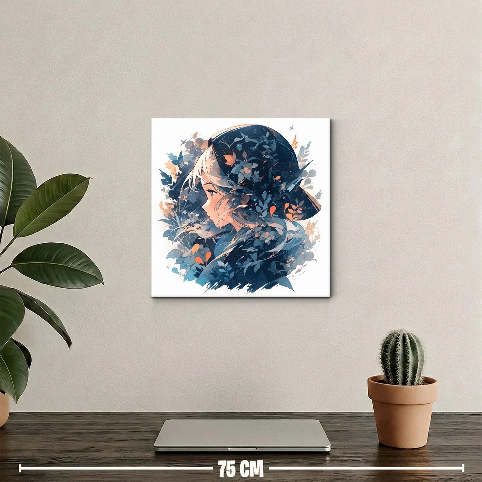 Retrato femenino con motivos florales en tonos azules y naranja — miniatura 2