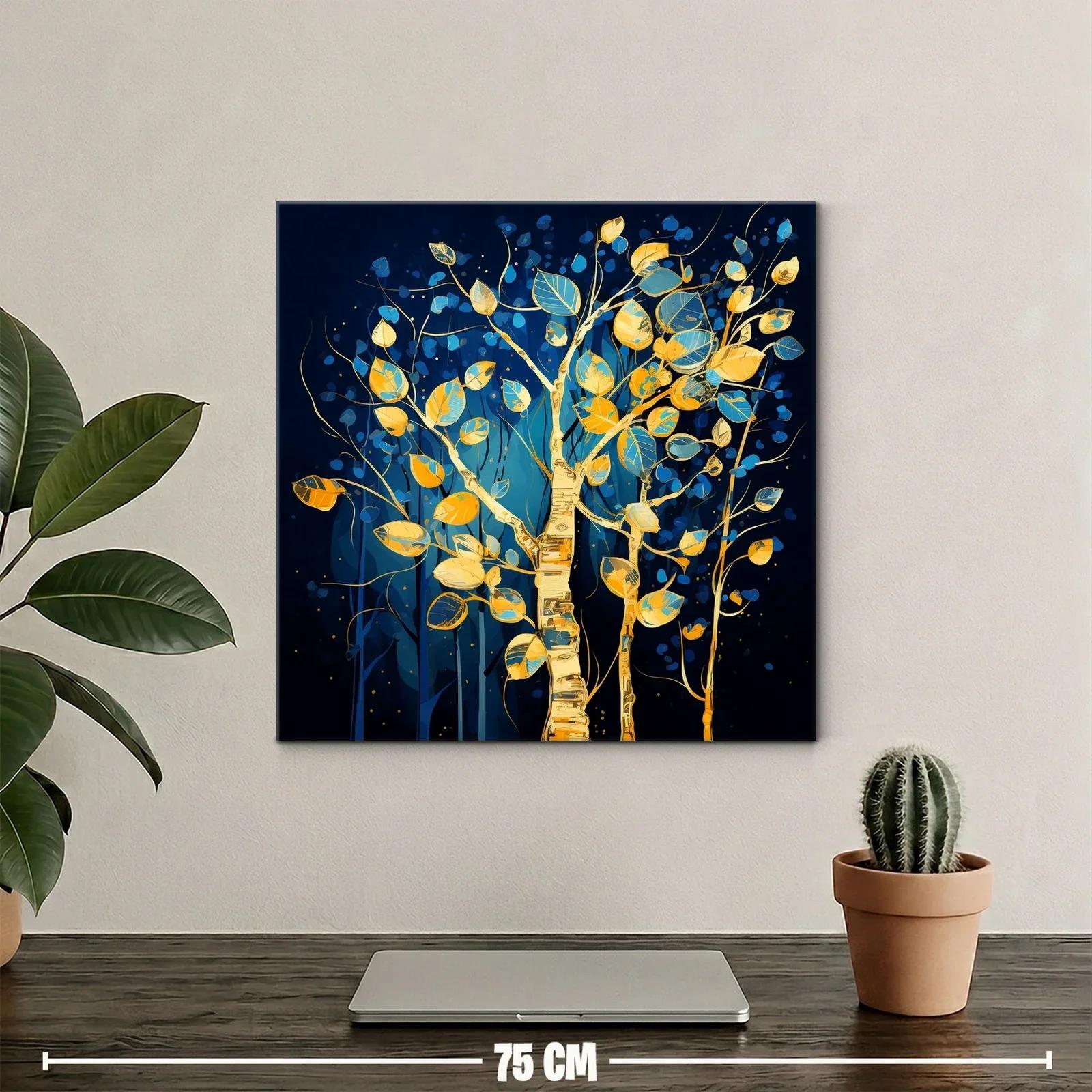 Árbol dorado con hojas azules y amarillas sobre fondo oscuro — miniatura 2