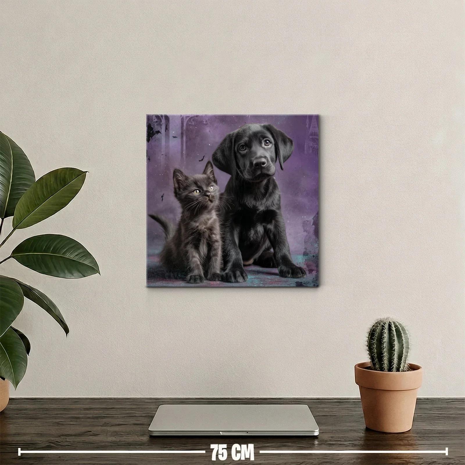 Tierno cuadro de cachorro y gatito sobre fondo violeta — miniatura 2