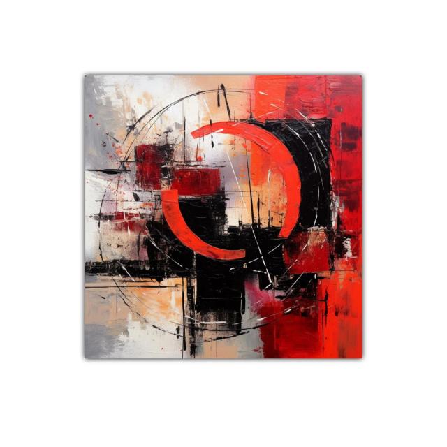 Cuadro abstracto con formas circulares y tonos rojos intensos