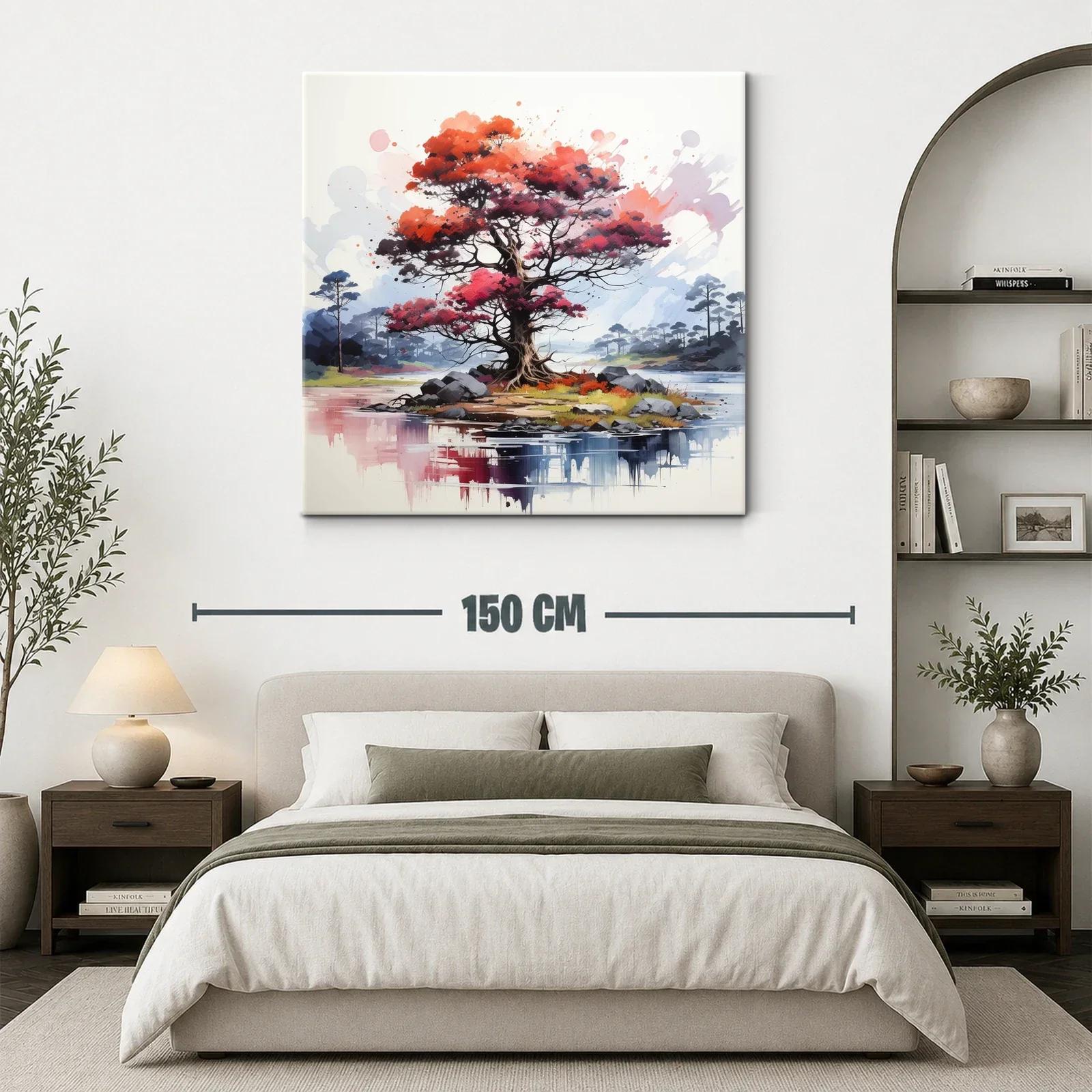 Árbol rojo vibrante en isla serena con reflejos de agua — miniatura 3
