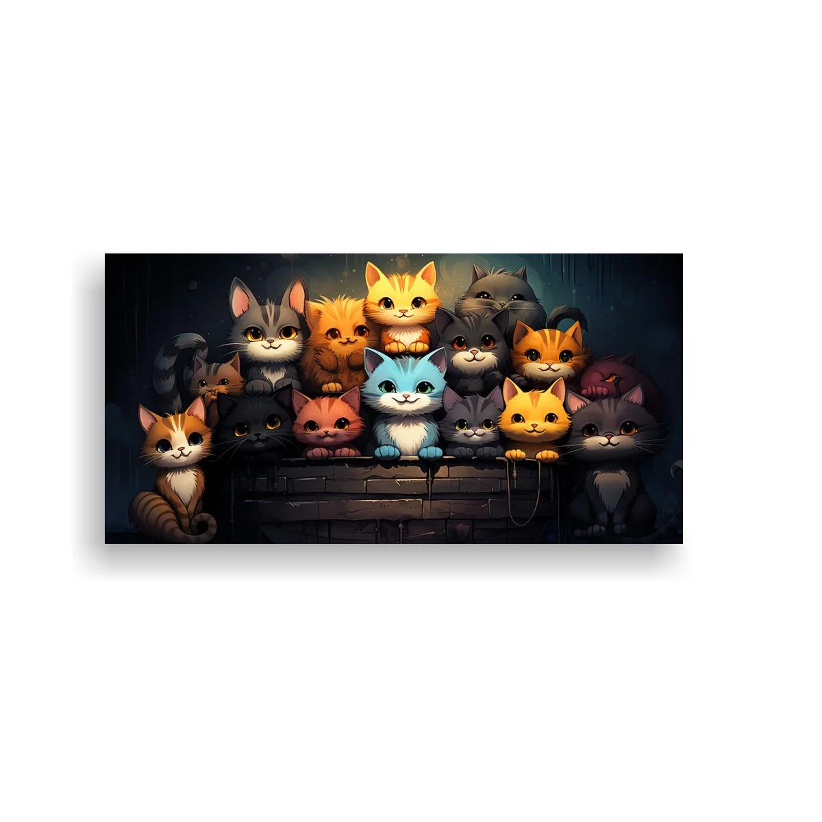 Cuadro grupo de gatos de colores sobre banco de madera
