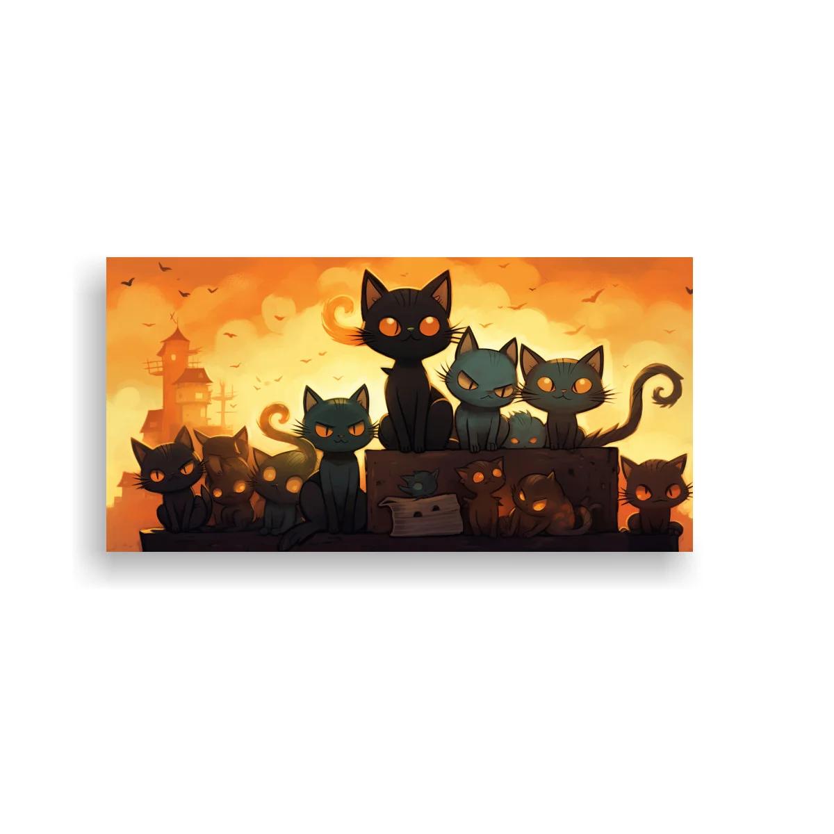 Cuadro gatos negros con murciélagos y castillo