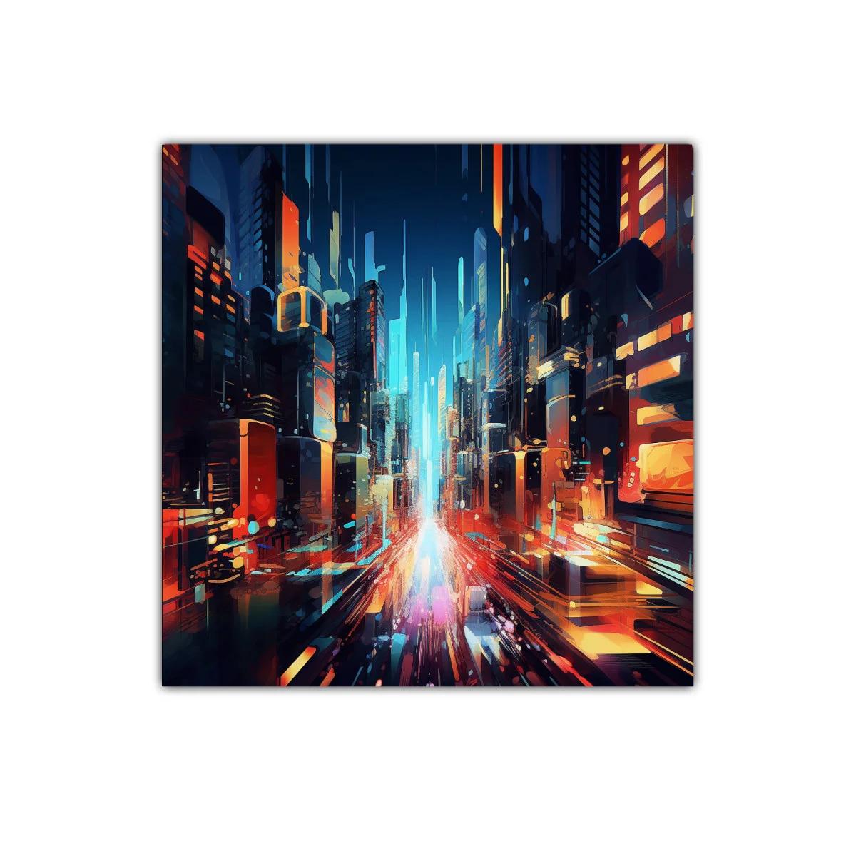 Ciudad futurista con luces vibrantes en movimiento rápido