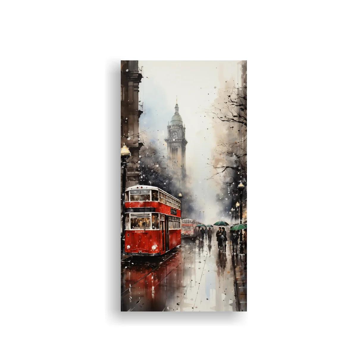 Cuadro tranvía rojo con torre del reloj en la niebla