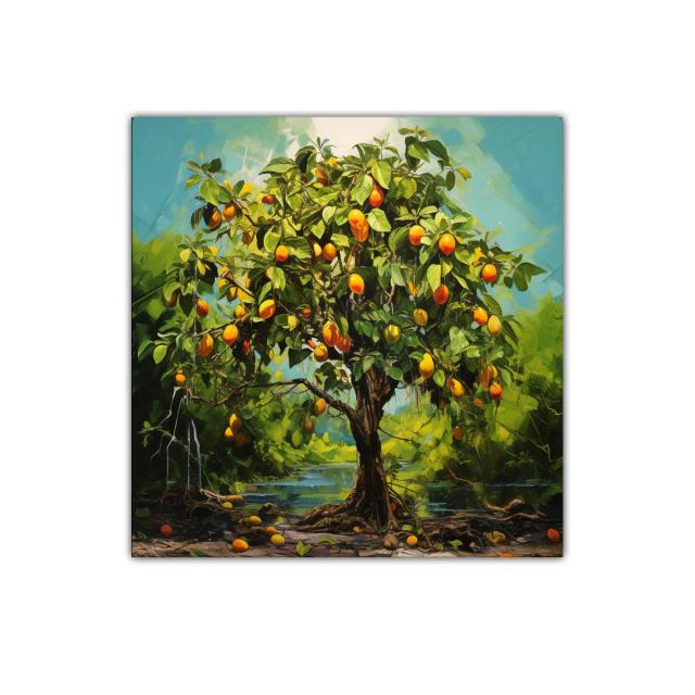Árbol frutal con frutos naranjas vibrantes en paisaje natural
