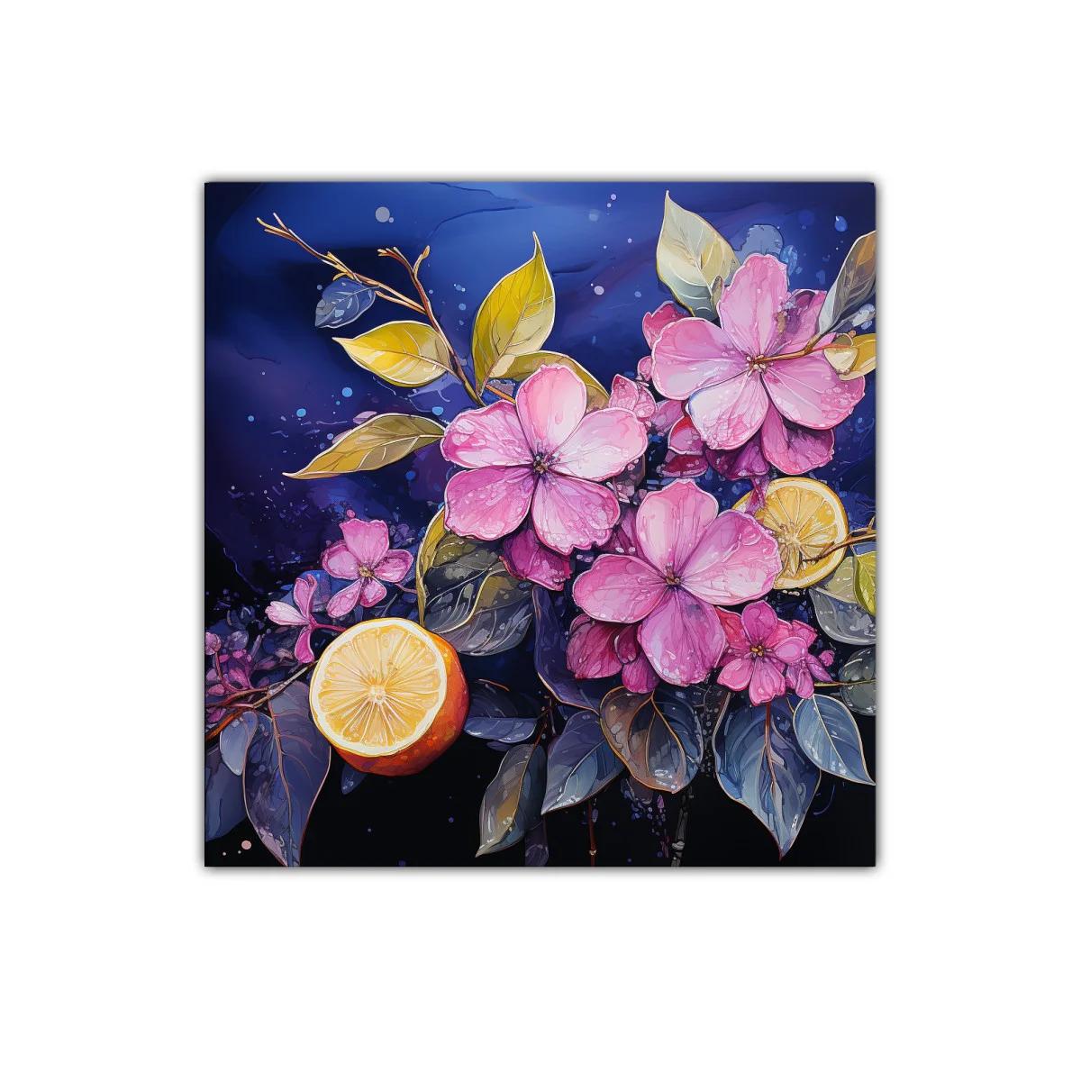 Cuadro decorativo con flores rosas y cítricos vibrantes — imagen principal