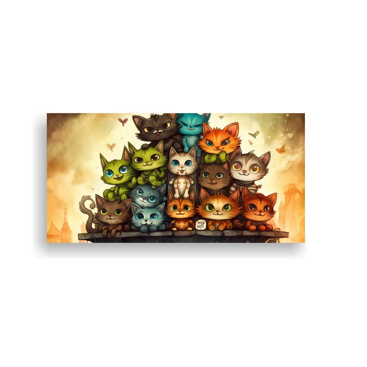 Cuadro grupo de gatos de caricatura con fondo resplandeciente