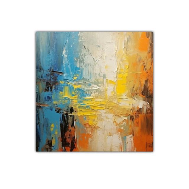 Cuadro abstracto con tonos cálidos y fríos vibrantes