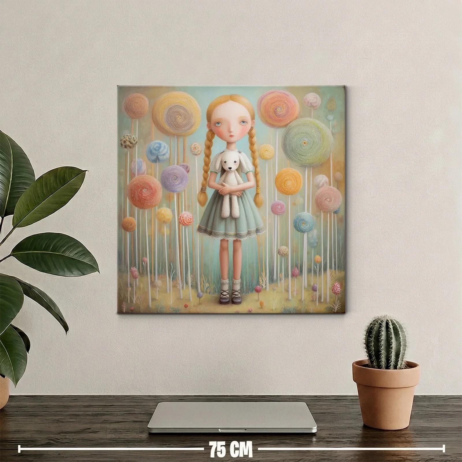 Niña de trenzas entre dulces gigantes y suaves tonos pastel — miniatura 2