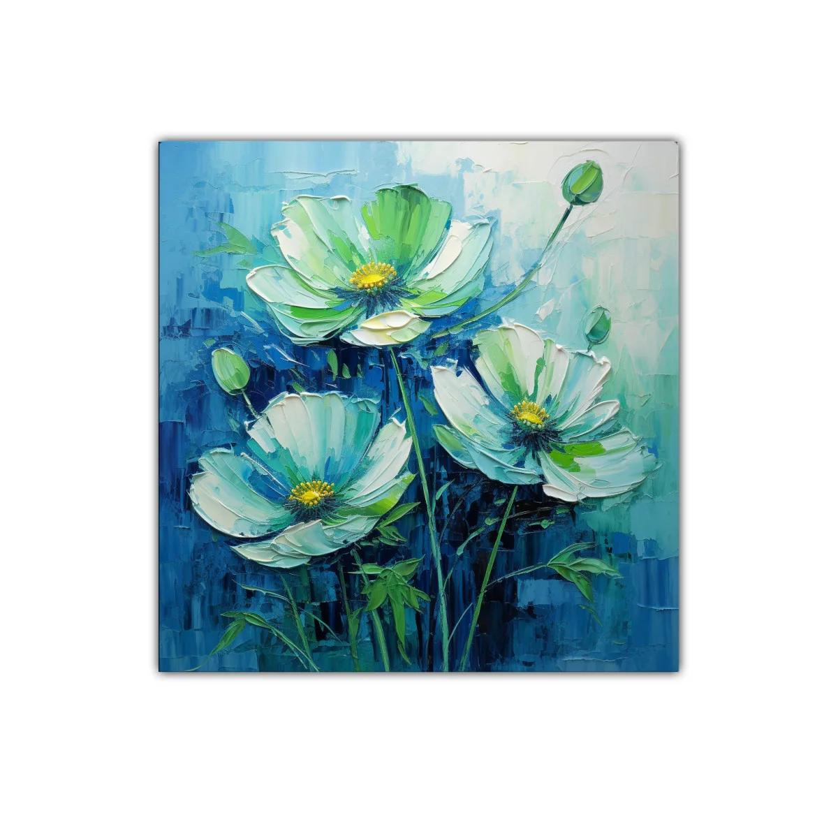 Cuadro floral con flores blancas y toque de verde sobre fondo azul — imagen principal