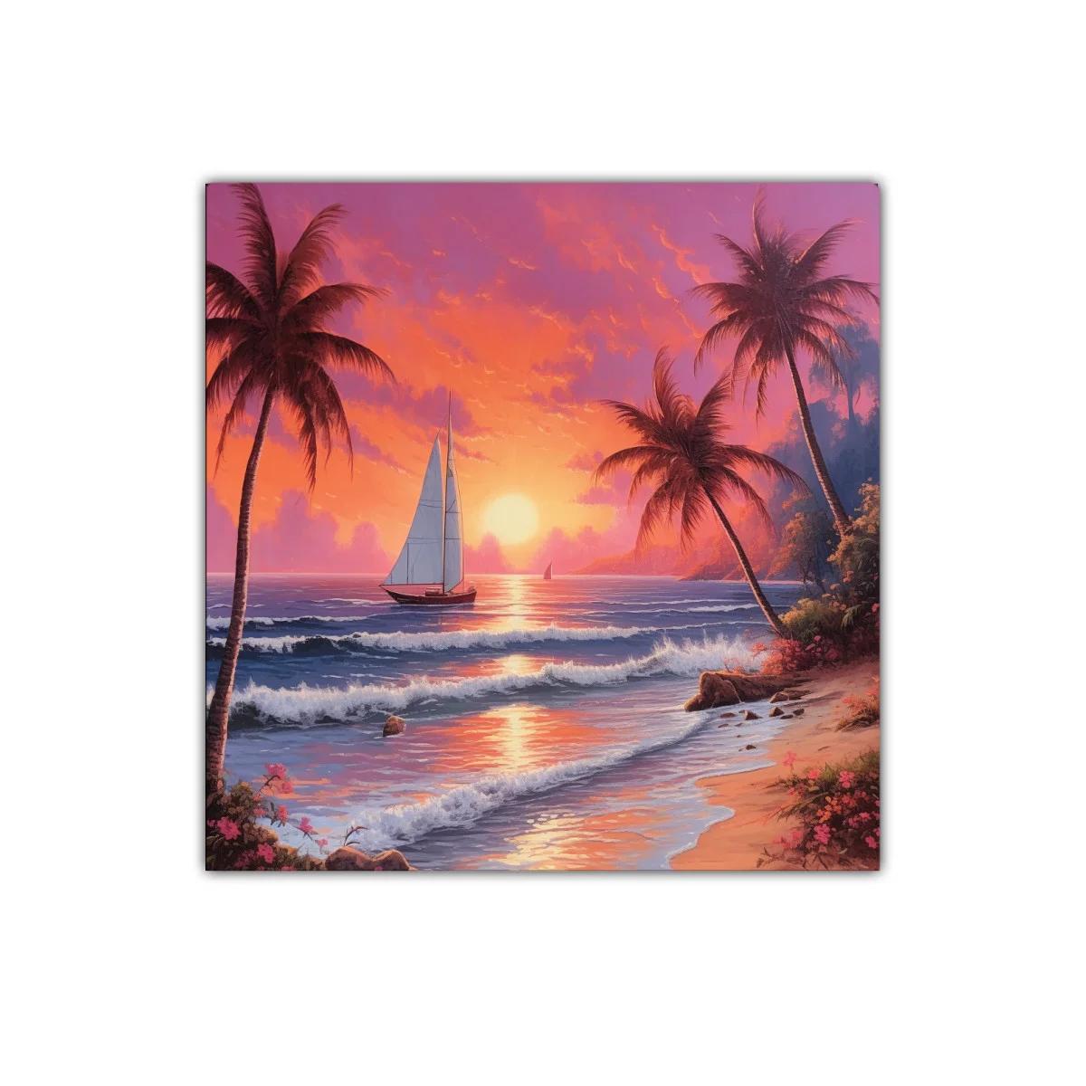 Atardecer tropical con velero y palmeras en la playa — imagen principal