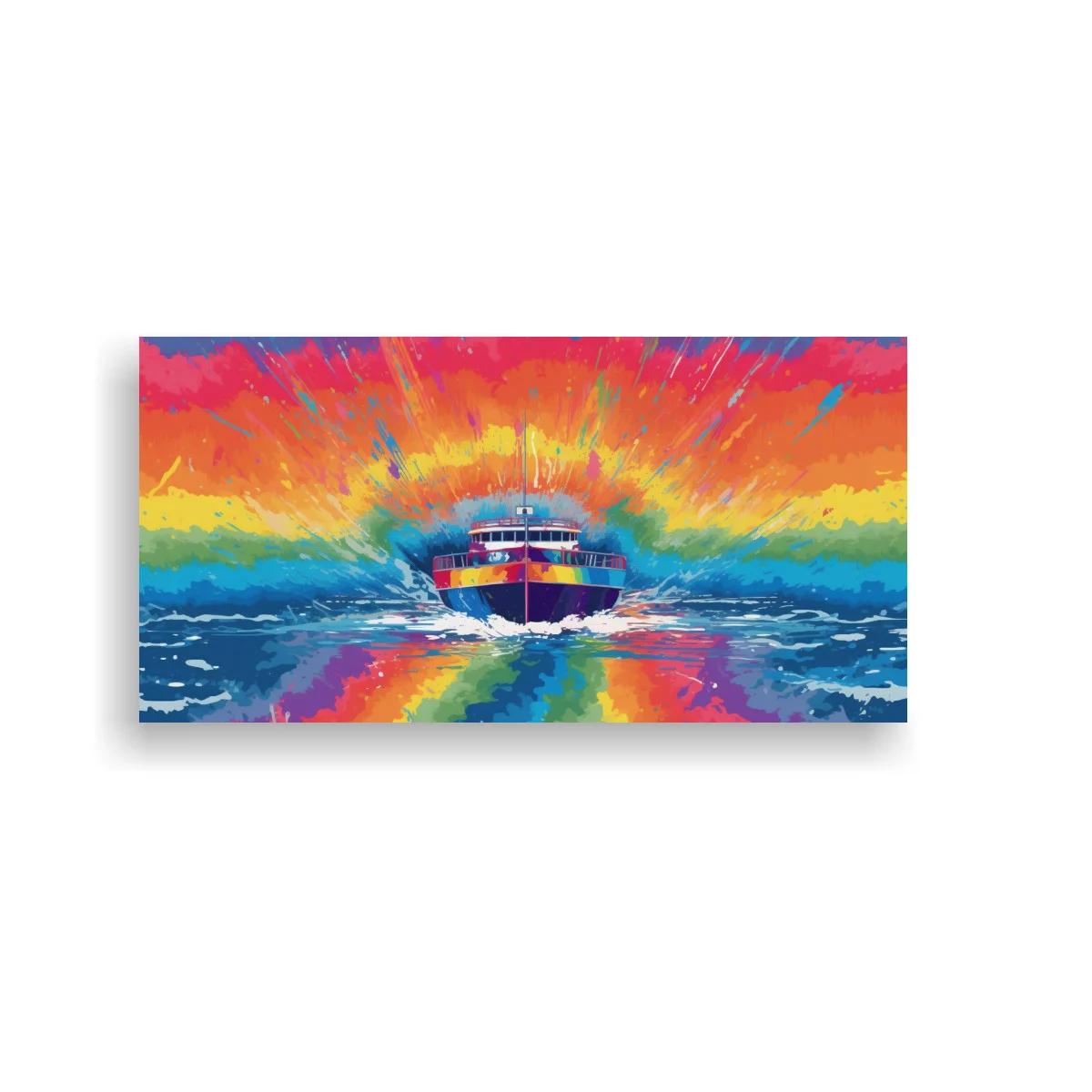 Cuadro barco con cielo multicolor y reflejo simétrico